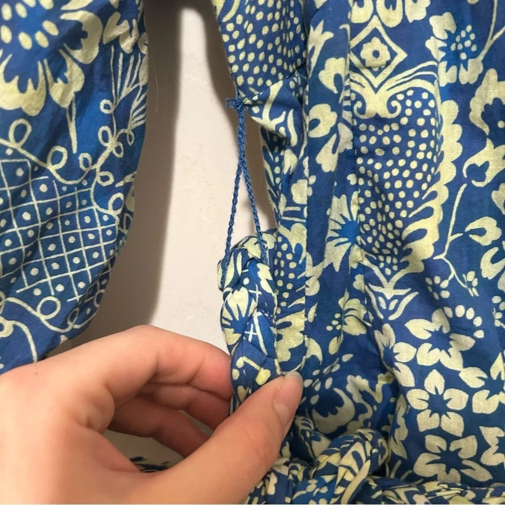 RHODE Floral Print Dress Blue Cream Feminine Ruffle Cotton Beach Vacation Sz Med